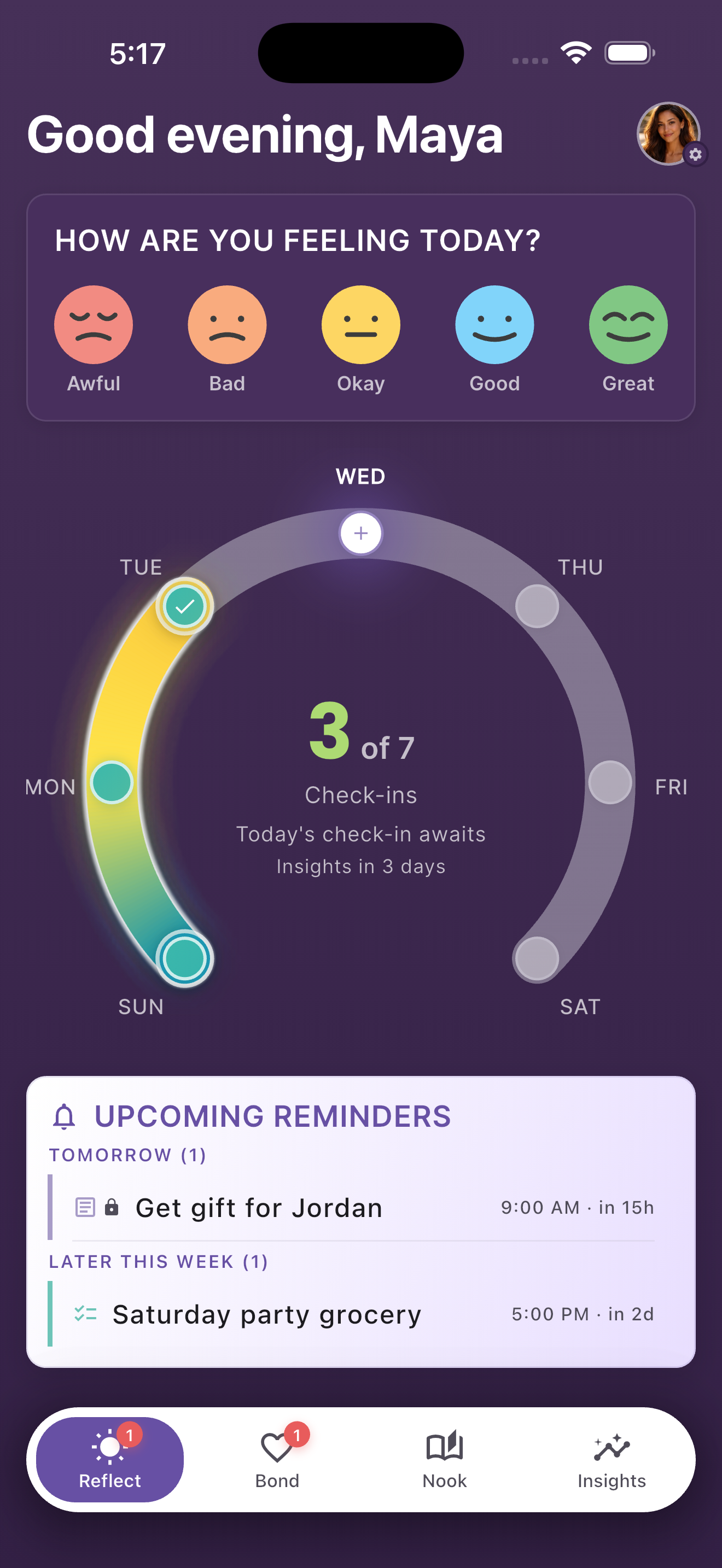 Re:Bond home screen showing your week at a glance