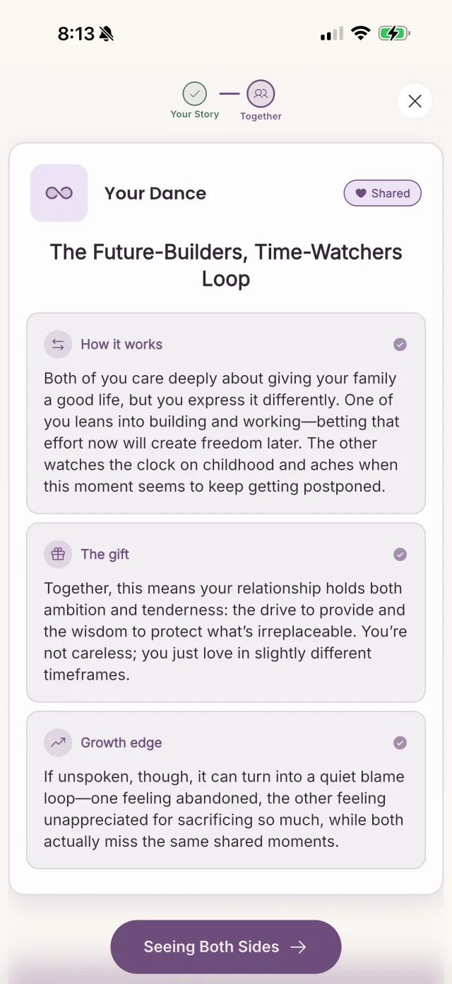 App screenshot of a shared Sunday insight titled 'The Future-Builders, Time-Watchers Loop', describing how both partners care deeply about giving their family a good life but express it differently, the gift in that pattern, and its growth edge