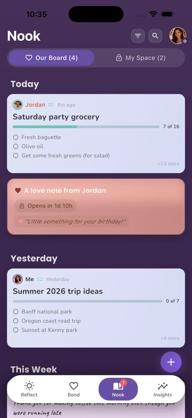 Shared lists, reminders, and notes organized inside Nook