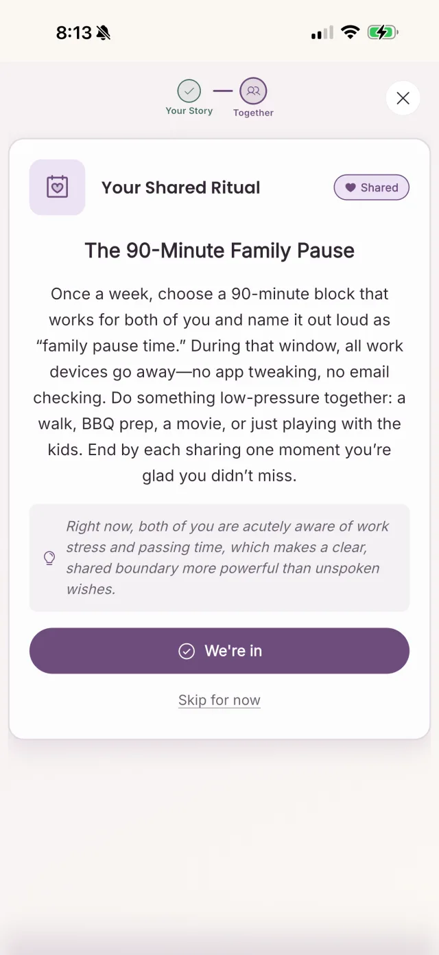 App screenshot of a shared ritual titled 'The 90-Minute Family Pause', suggesting one weekly 90-minute block where all work devices go away, with buttons to accept the ritual or skip it for now