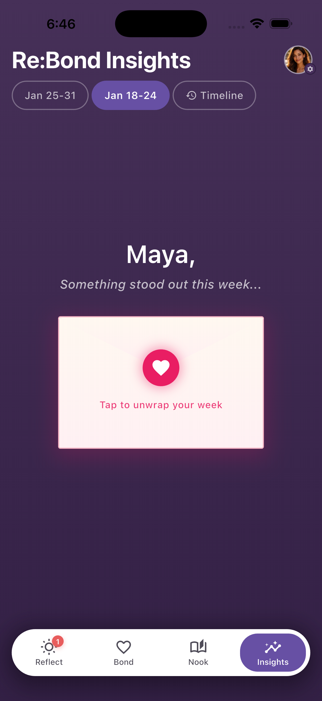 Re:Bond Insights reveal — tap to unwrap your weekly relationship insights